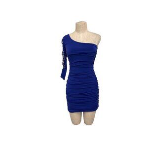 Vintage Deb One-Shoulder Royal Blue Mini Dress With Rhinestone Accent Ruched Des